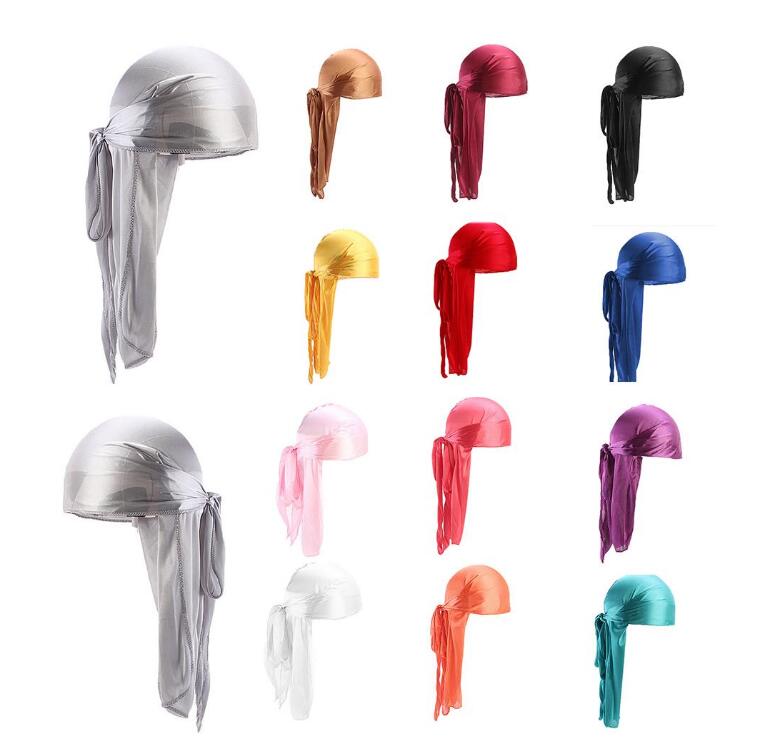New Unisex Long Silk Satin Breathable Turban Hat Wigs Doo Durag Biker Headwrap Chemo Cap Pirate Hat Men Hair Accessories GD584