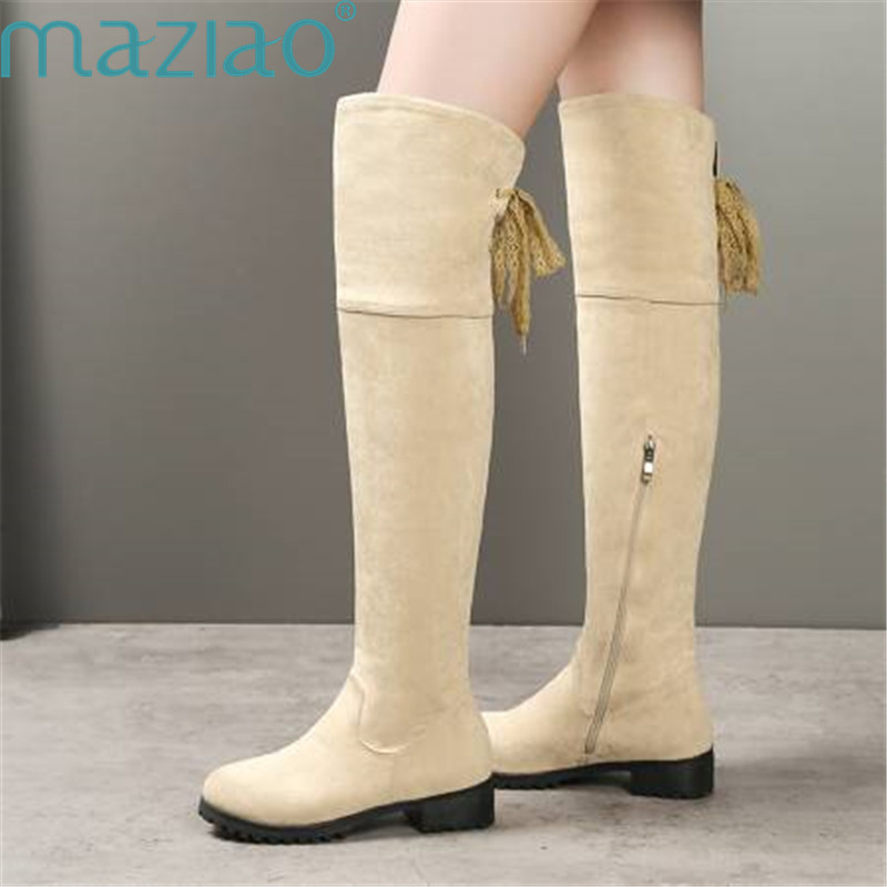 Women Boots Suede Short Plush Low Heel Shoes Classic Sexy Roman Style Over The Knee Boots 2020 MAZIAO, Black