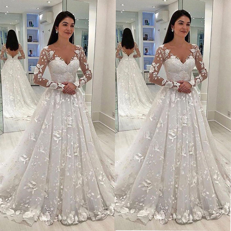 Long Sleeves Wedding Dresses Cheap Woman Dress V Neck Lace Applique A line Bride Ball Gown Size 2 4 6 8 10