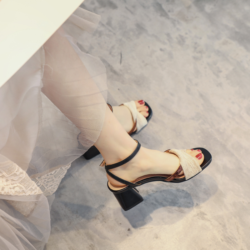 New summer thick heel Roman fish mouth high heel sandals, Beige