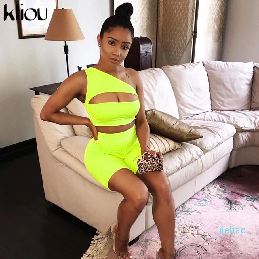 Fashion- summer women neon color two pieces set off shoulder hollow out crop top elastic high waist shorts outfit tracksuit sportsuit S M L