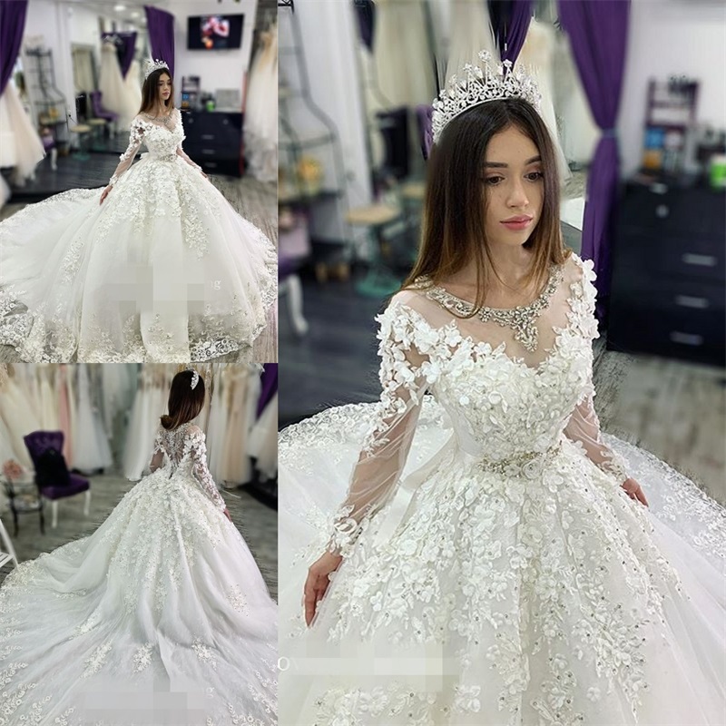 Real Picture 2021 Luxury A-line Chapel Wedding Dresses Long Sleeves Appliqued Lace Sequins Beads Crystals Bridal Gown Church Wedding Dress