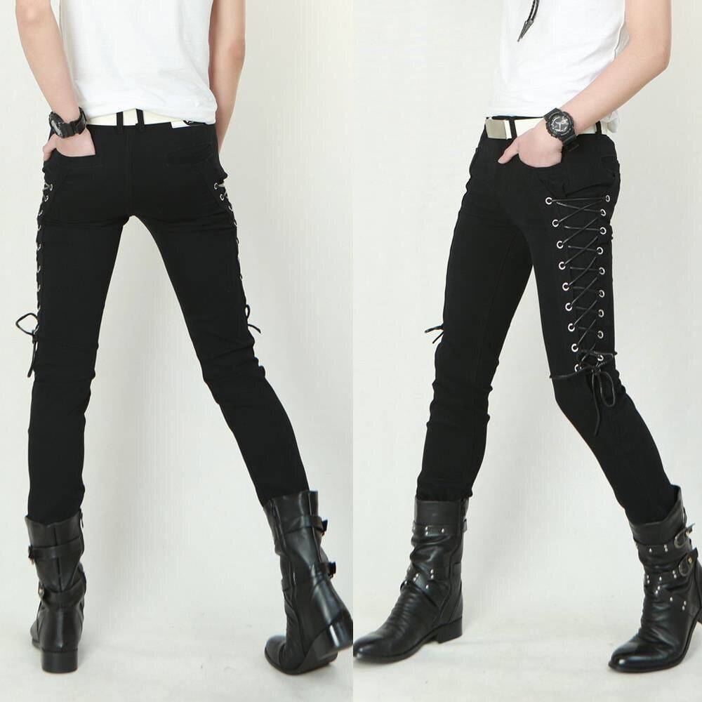 Idopy Fashion Slim Fit Pants Steampunk Black Patchwork Stretchy Lace Up Dance Night Club Gothic Button Jeans Trouser For Men MX200814