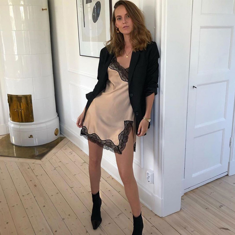 V Neck wrap patchwork lace slit strap Party Dresses Women Spaghetti Strap Split Club Sleeveless Backless Black Party Dresses Mini