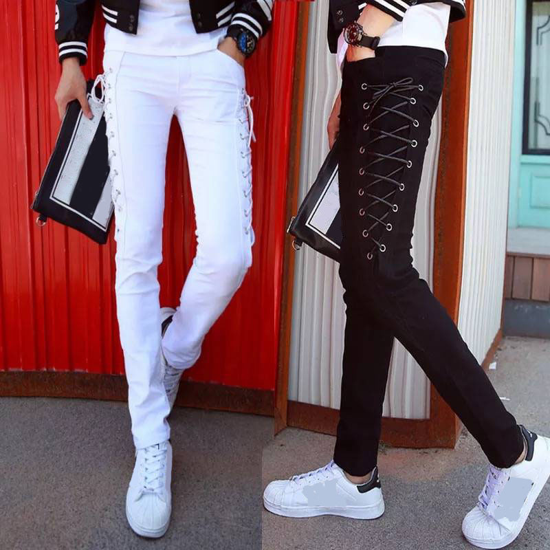 Idopy Fashion Slim Fit Pants Steampunk Black Patchwork Stretchy Lace Up Dance Night Club Gothic Button Jeans Trouser For Men MX200814