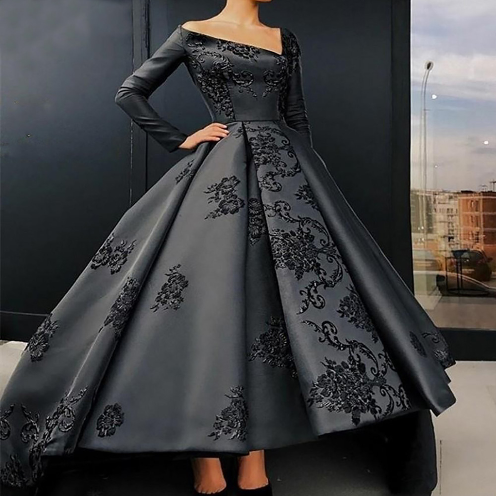 New Customize A Line Elegant V Neck Evening Square Neck Dresses Long Sleeves Appliques Party Dress Robe De Soiree