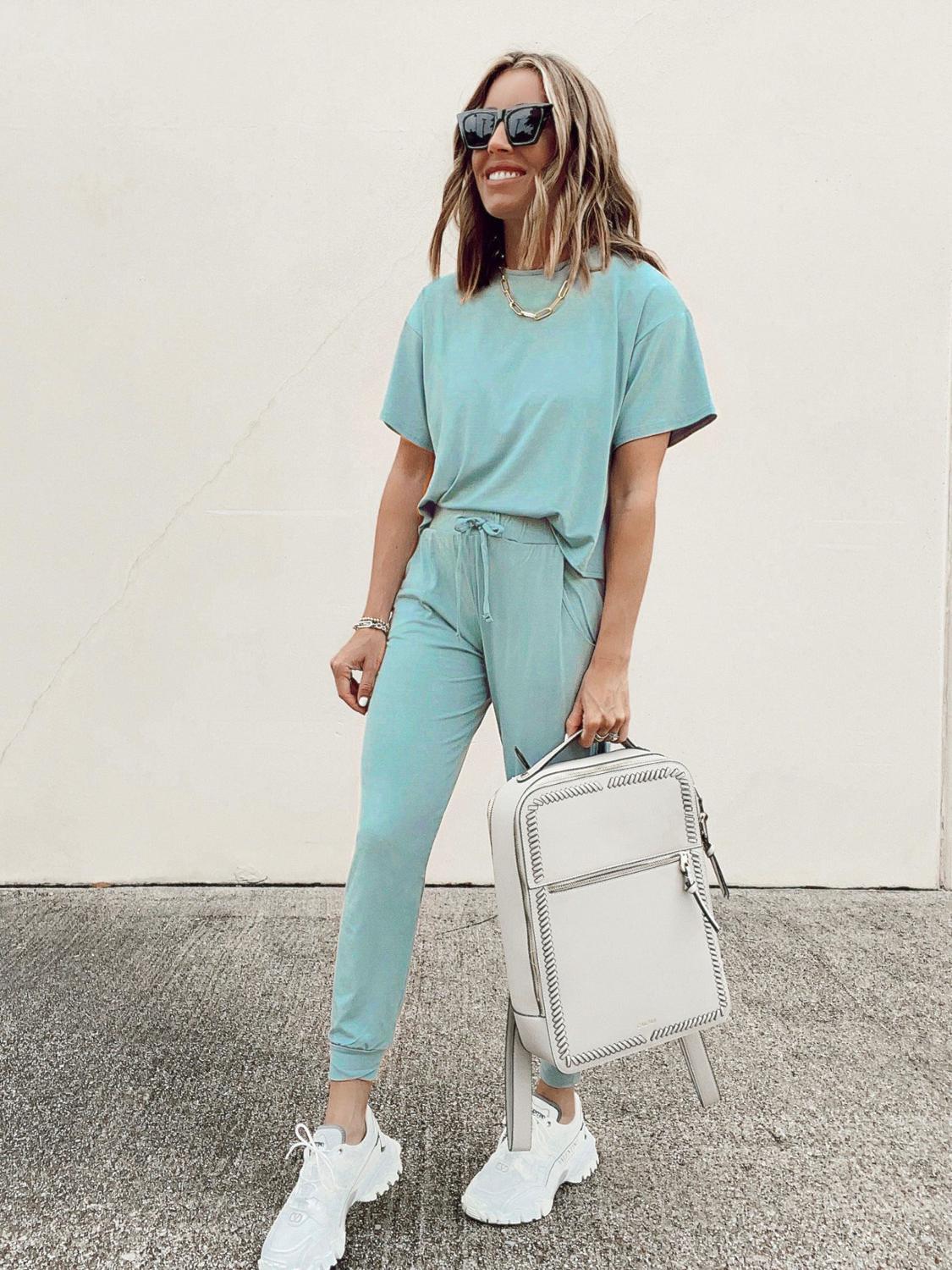 Women Tracksuits Set Lounge Wear Short Sleeve Tops and Long Pants Sweat Suits Elastic Waist Casual Solid Outfits 2 Pieces Set T200808