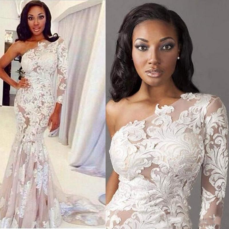 Nigerian African One Shoulder Applique Lace Plus Size Mermaid Dresses Illusion Long Sleeve Sweep Train Wedding Dress Bridal Gowns