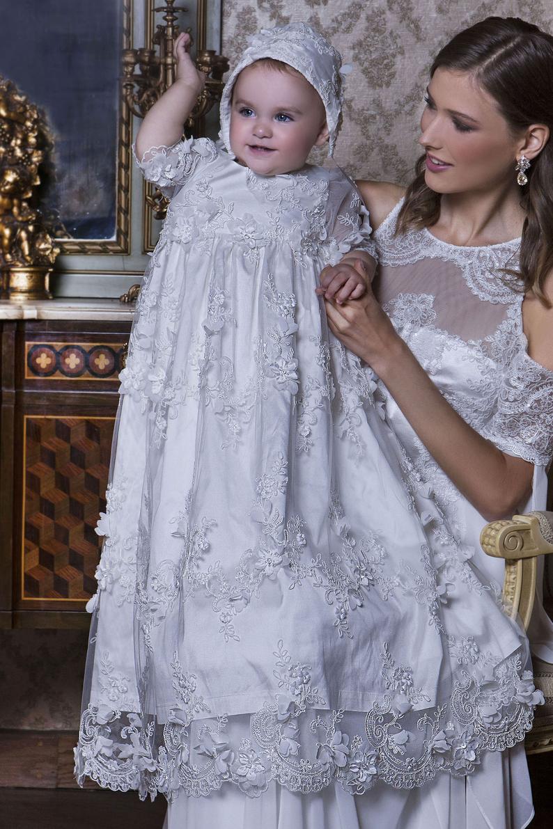 Christening Gowns for Newborns Girls Full Lace Appliqued Jewel Neck Short Sleeves A e First Communion Dresses with Hat