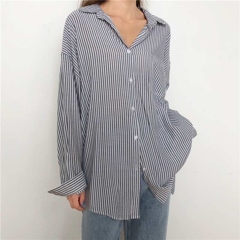 Women Shirts Blouses 2020 Autumn Casual Long Sleeve Button Up Striped Oversize Tops Back Slit Large Size Loose Cotton Shirts, Black striped
Women Shirts Blouses 2020 Autumn Casual Long Sleeve Button Up Striped Oversize Tops Back Slit Large Size Loose Cotton Shirts, Black striped