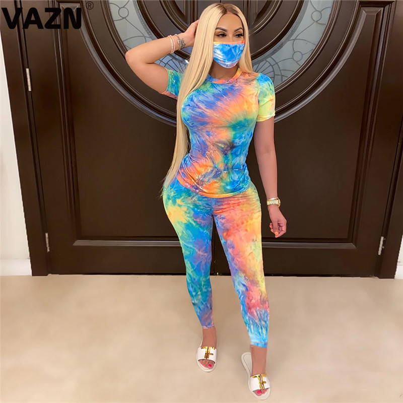 VAZN 2020 STie Dye Print Colorful Sexy Tops Leggings 3 Pieces Set With Mask Casual Beach Clothing Ladies Women Sets T200817