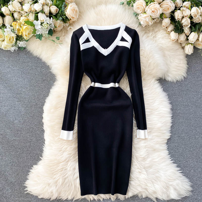 Ins Color Matching V-neck Elastic Waist Slim Dress Women' Autumn and Winter Long Sleeve Casual Vestidos N575, Black
Ins Color Matching V-neck Elastic Waist Slim Dress Women' Autumn and Winter Long Sleeve Casual Vestidos N575, Black