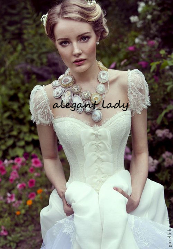 Princess Fairy Gothic Wedding Dresses 2023 Vintage Lace Square Cap Sleeve Boning Lace-up Corset Top Bride Wedding Gown