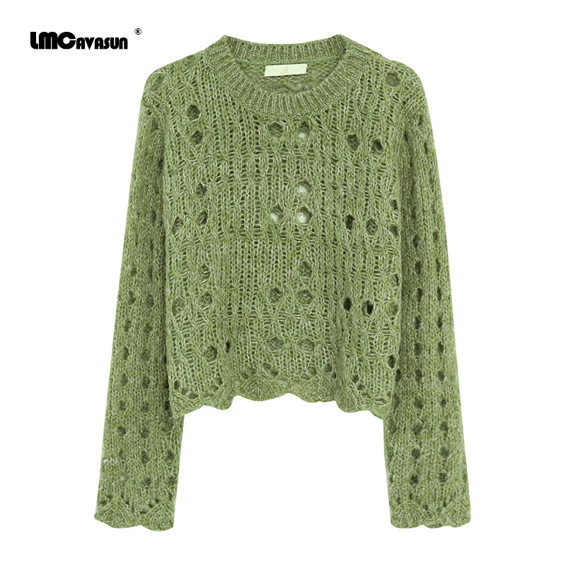 LMCAVASUN New autumn Simple pullover Round neck Loose Long sleeve Women's ripped sweater Gray green black M370