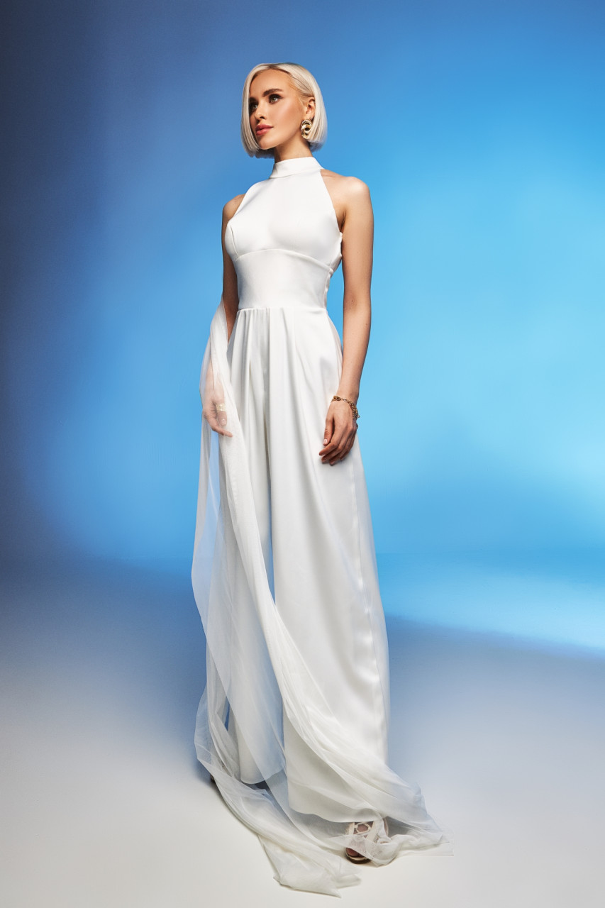 Designer Jumpsuit Prom Dresses Halter Backless With Detachable Tulle Train Evening Gowns Arabic Party Gowns Robes De Soirée