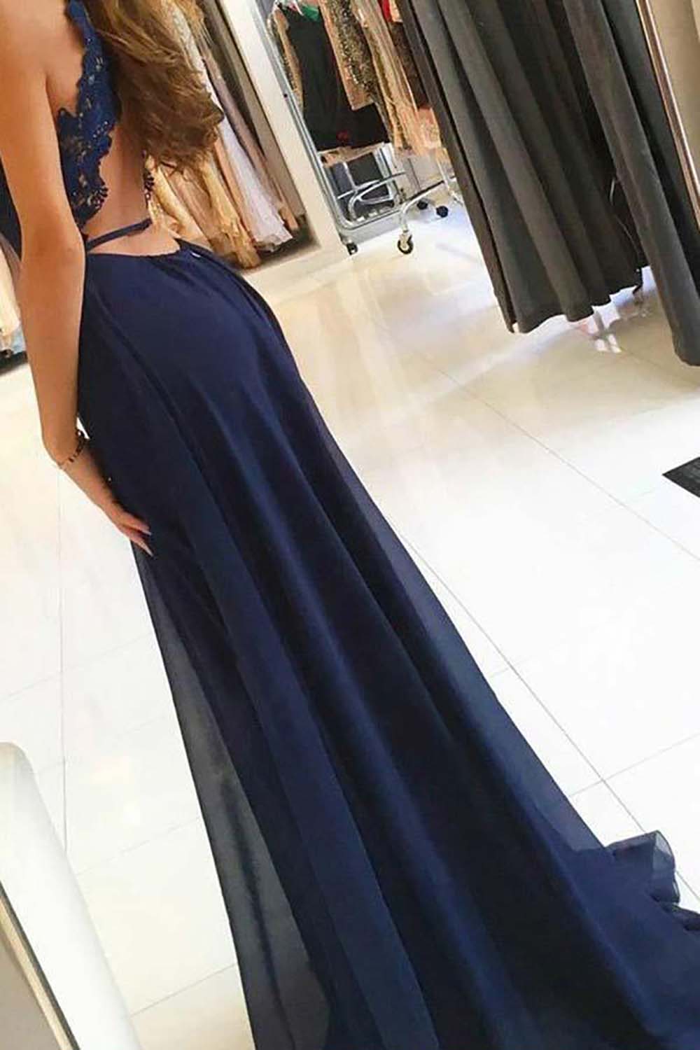 New Sleeveless Scoop A line Lace Straps Backless Evening Gown Navy Blue Dress Party Long Simple High Slit Chiffon Prom Dress