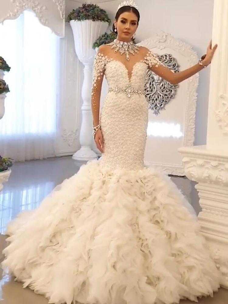 Luxury Crystal Mermaid Wedding Dresses Plus Size Long Sleeve Ruffles Bridal Gowns Beaded Wedding Dress robes de mariée