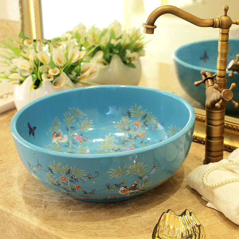 

Ceramic wash basins counter top sink bathroom round sinks Fashion wash basin Sink art ceramic wash basin flower and bird blue