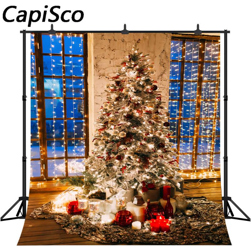 

Capisco Photography Backdrops Christmas Background Wooden Cozy Cabin Room Window Light Tree Gifts Decor studio props