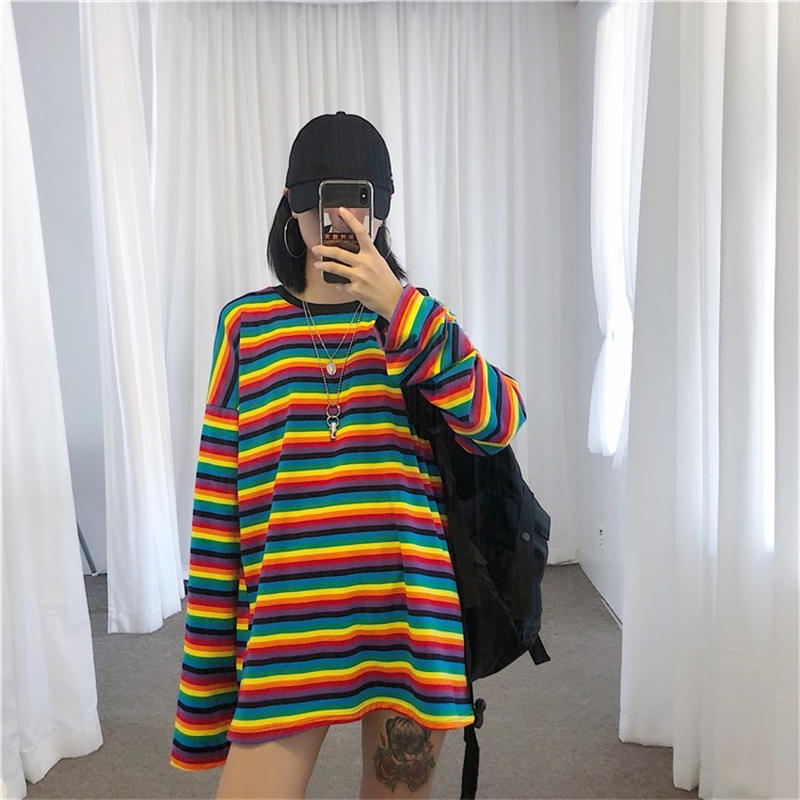 Neploe Rainbow Stripe T Shirt Autumn Harajuku Female Shirt Long Sleeve Plus Size Tshirts Woman Korean Tops Feminine 37059