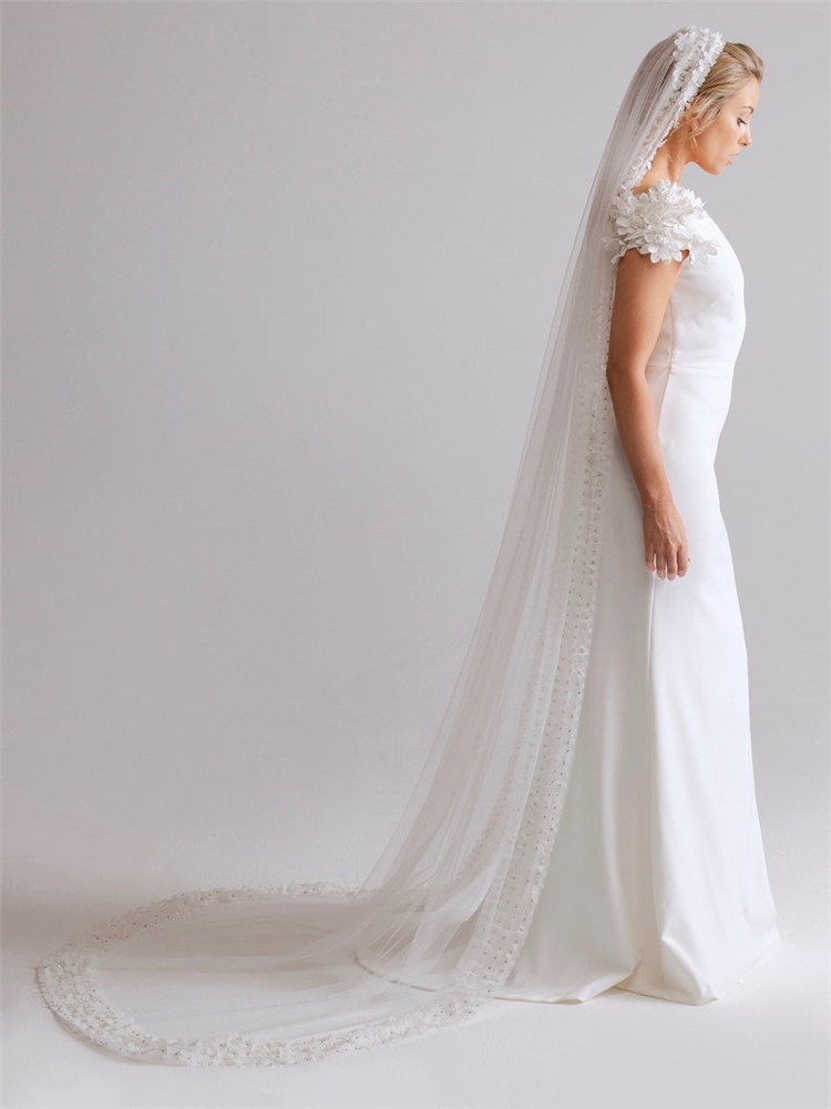 Wedding Bridal Veils Applique Edge Beads Bride Wraps White Ivory Soft Tulle White Ivory One Layer With Comb