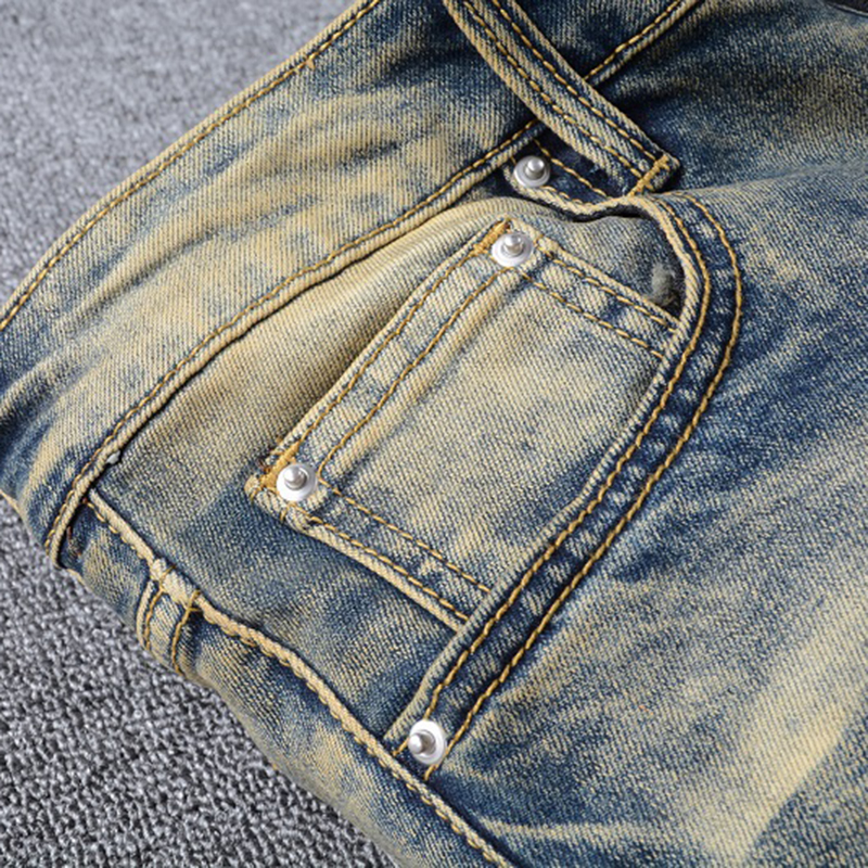 Sokotoo Men's snake embroidered retro denim jeans Slim skinny holes PU leather patchwork stretch pants MX200814