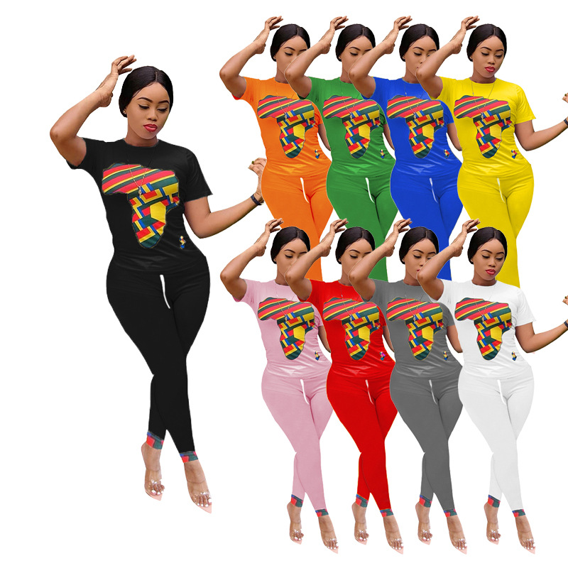 Femmes été imprimé coloré deux pièces ensemble t-shirt à col rond et pantalons longs costume sport survêtement tenues femmes ensembles assortis