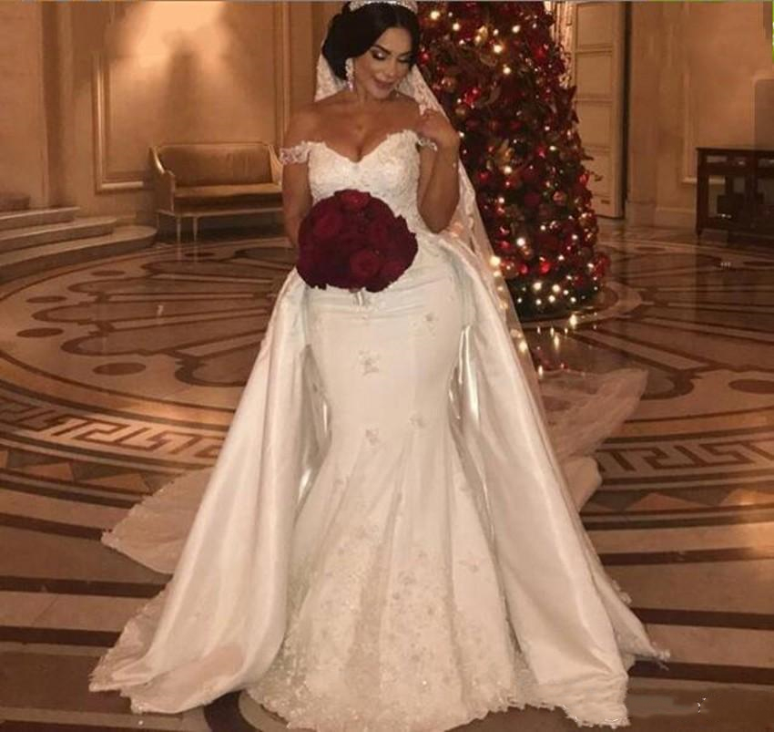Sexy Off Shoulder Mermaid Wedding Dresses Bridal Gowns With Detachable Train Overskirts Modern Arabic African Lace Applique Beads Dress