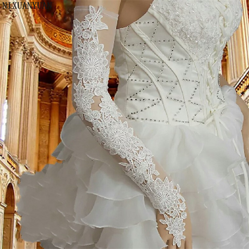 Bride Hollow Lace Wedding Gloves Lengthened Bridal Gloves White Ivory Fingerless Long Accessories