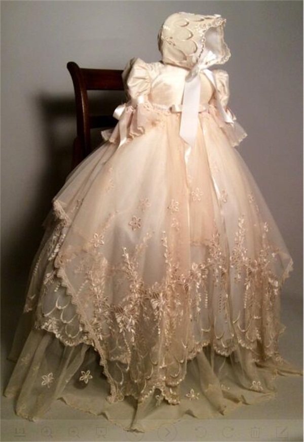 Champagne Gold New 2021 Gown Lace Beaded Baby Girls Baptism Dresses Toddler Infant Christening Dress With bonnet