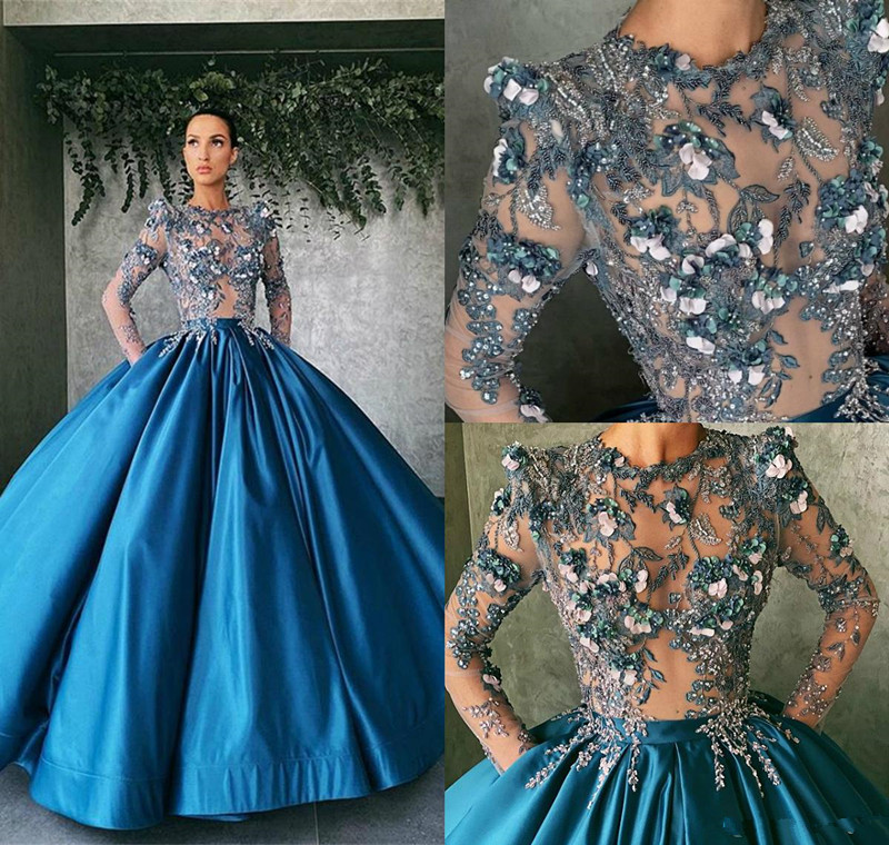 2021 Blue Ball Gown Prom Dresses Jewel Neck Lace 3D Floral Appliques Long Sleeve Evening Gowns With Pockets Dubai Arabic Dress Vestidos
2021 Blue Ball Gown Prom Dresses Jewel Neck Lace 3D Floral Appliques Long Sleeve Evening Gowns With Pockets Dubai Arabic Dress Vestidos