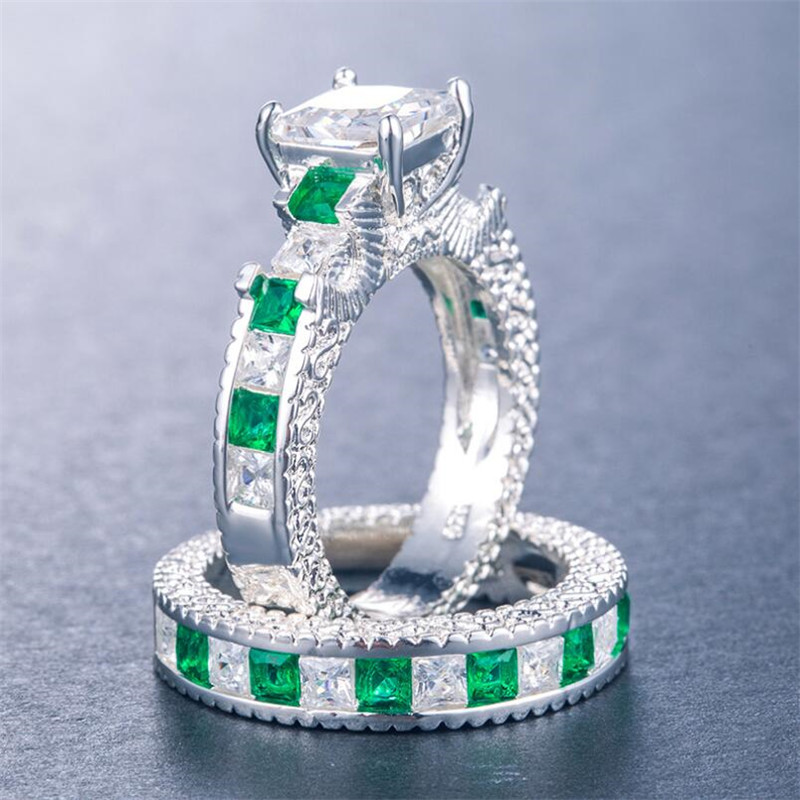Choucong Unique Luxury Jewelry 925 Sterling Silver Princess Cut Emerald Cut Topaz Gemstones Party Eternity Bridal Ring Set For Lover's Gift