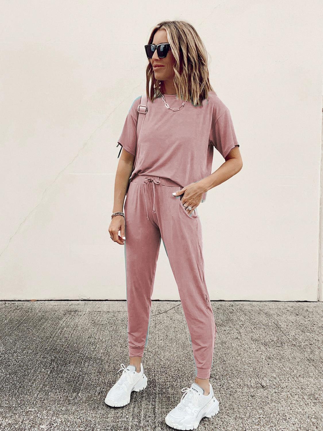 Women Tracksuits Set Lounge Wear Short Sleeve Tops and Long Pants Sweat Suits Elastic Waist Casual Solid Outfits 2 Pieces Set T200808
