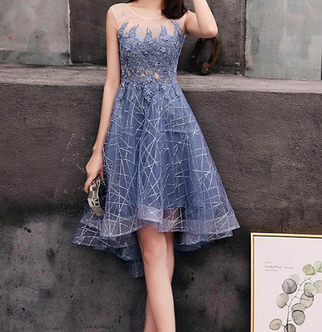 Haze Blue Bridesmaid Dresses Chiffon Applique Hi Lo Jewel Neck Zipper Back Robes De Demoiselle D'honneur