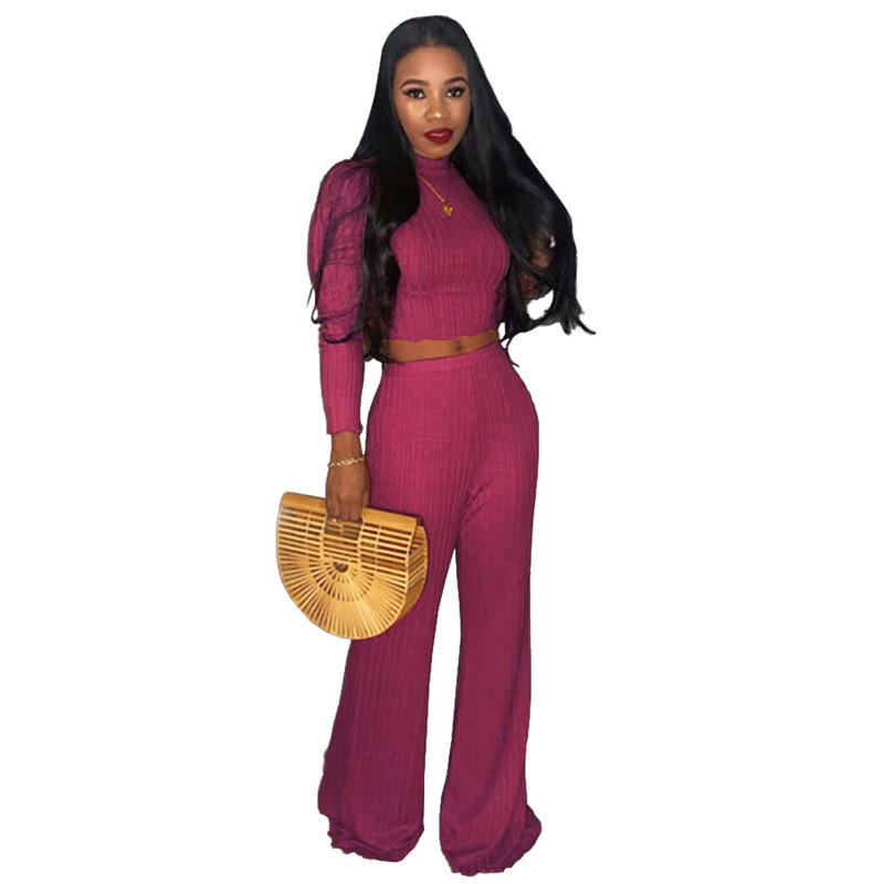 Casual Women Two Piece Set Sweater Top and Pants Set Turtleneck Long Sleeve Crop Top Wide Leg Pants Elastic Waist Suit Outfits T200808