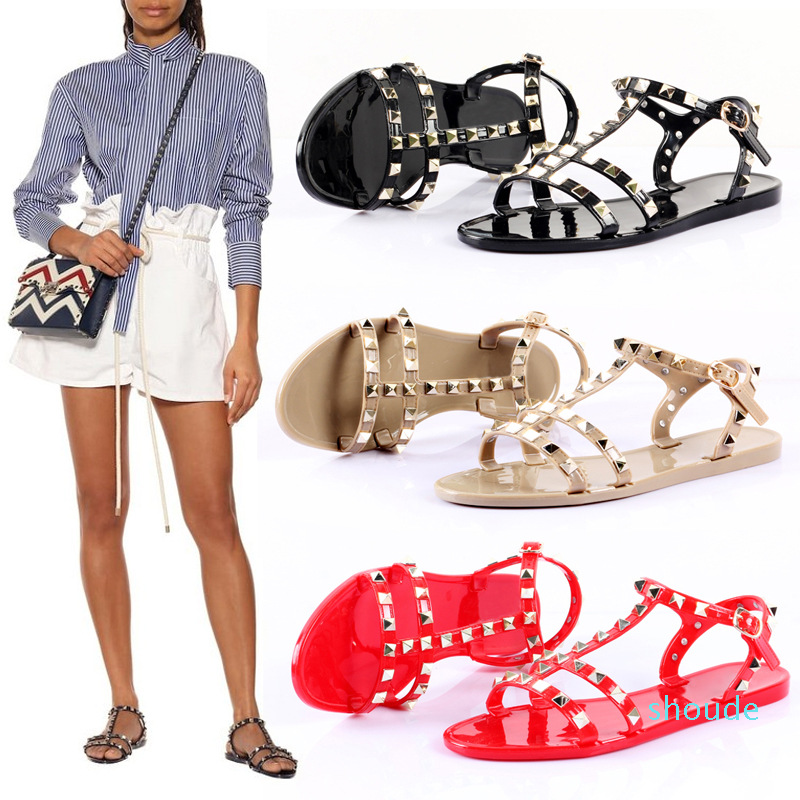 

Hot Sale- Women stud sandals strappy jelly flat summer flat shoes waterproof beach fegrated Studded shoes rivets, Red