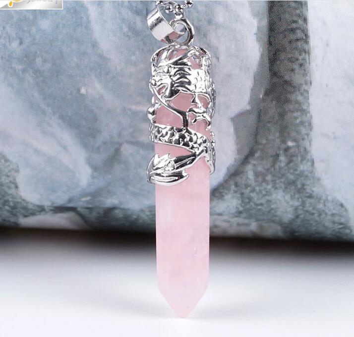 Tribal Totem Dragon Shaped Natural Stone Pendant Necklace Hexagon Aura Bullet Crystal Column Jewelry Couple Necklace LY022
