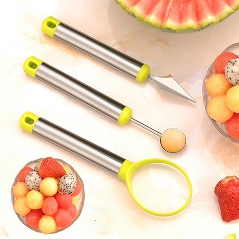 3pcs Creative Fruit Carving Knife Set Watermelon Baller Ice Cream Dig Ball Scoop Spoon Baller Diy Assorted Cold Dishes Tool