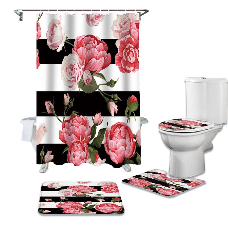 Peony Rose Flower Black And White Stripes Pink Shower Curtain Sets Non-Slip Rugs Toilet Lid Cover and Bath Mat Bathroom Curtains
Peony Rose Flower Black And White Stripes Pink Shower Curtain Sets Non-Slip Rugs Toilet Lid Cover and Bath Mat Bathroom Curtains