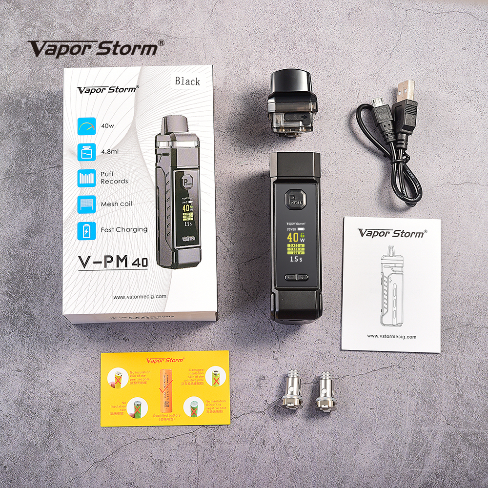 

Original Vapor Storm VPM 40 40W Pod System Mod Starter Kit with Mesh Coils 4.8ml Cartridge fit 18650 Battery E Cigarette V-PM40 VPM 40 Vape, 2pcs cartridges