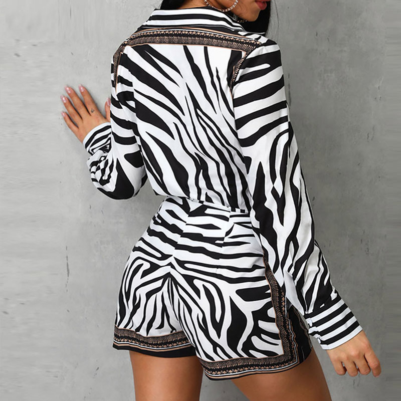 2 Women Zebra Print Buttoned Shirt And Zipper Shorts Sets Casual Piece Set Female Autumn Women's Two Suit B3