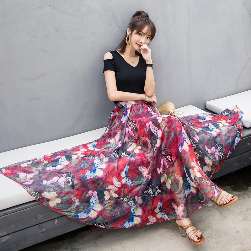 Skirts 2021 Summer Woman Chiffon Long Skirt Korean Style Elastic High Waist Floral Print Maxi Bohemian Beach Boho