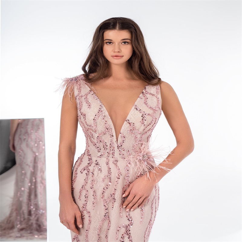 Bling Pink Blush Evening Dresses Sexy V-neck Sleeveless Sequins Feather Lace Mermaid Prom Dress Sweep Train Custom Made Formal Party Dress