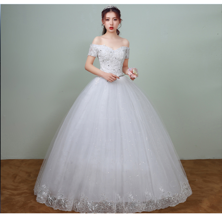 New Arrival Spring White Lace Sleeve Wedding Dress 2020 Korean Style Appliques vestidos de noiva Sexy Boat Neck Bridal Dress
