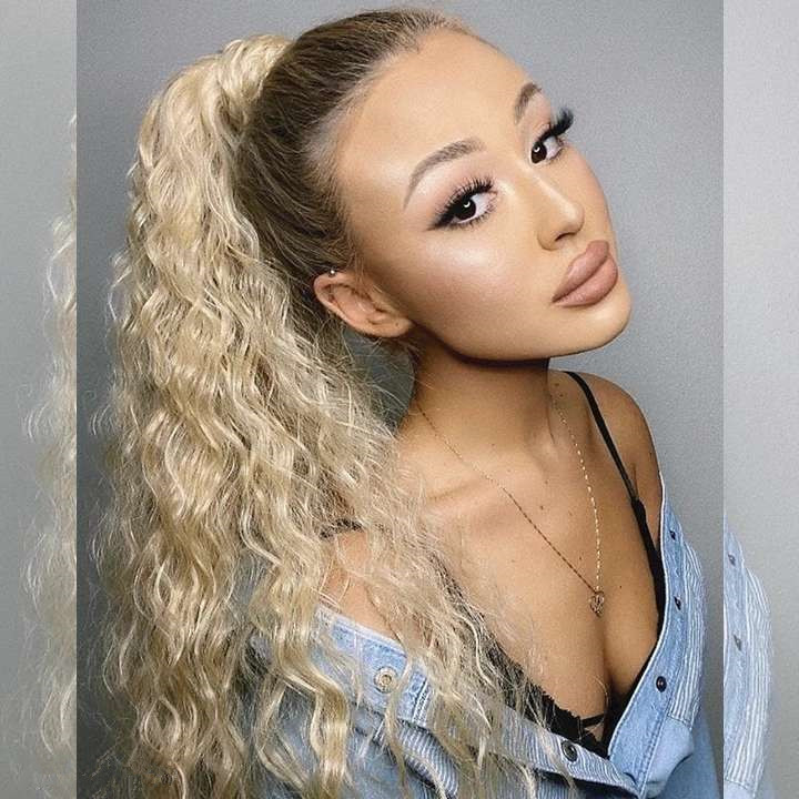 blond Virgin Ponytail Hair Extension Clip in wavy Kinky Curly Long Human 613 Wrap Around Pony Tail honey Blonde Hairpiece 120g