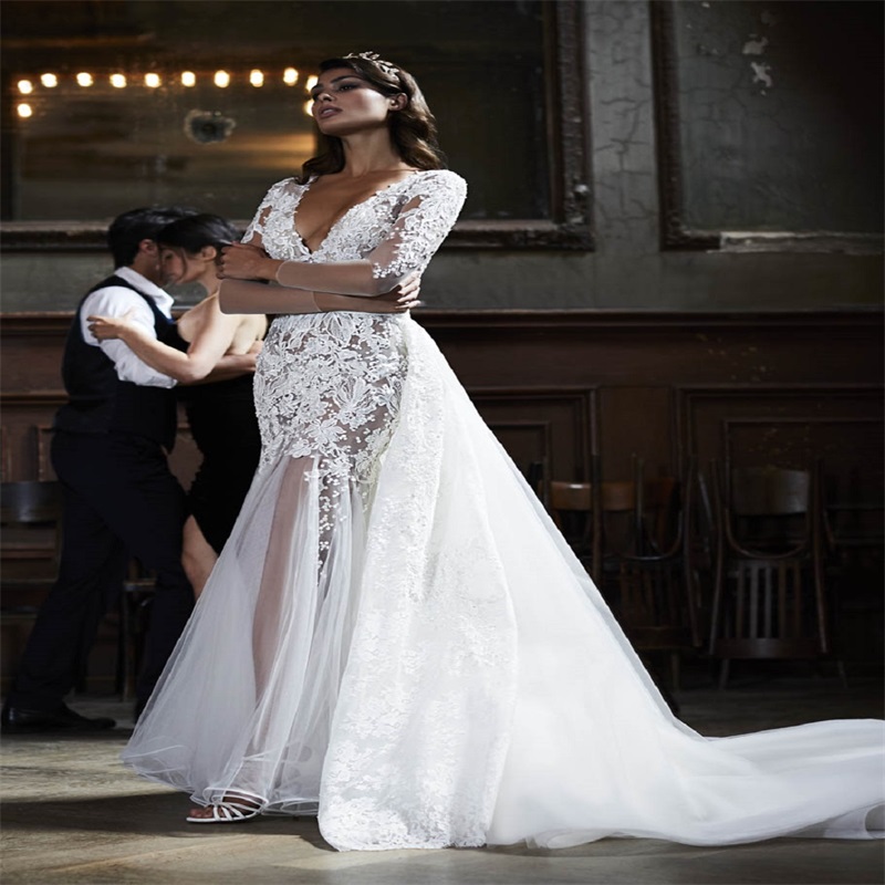 White Newest Sexy Bridal Gowns With Detachable Sweep Train deep V-neck Long Sleeves Full Lace Applique Mermaid Wedding Dresses