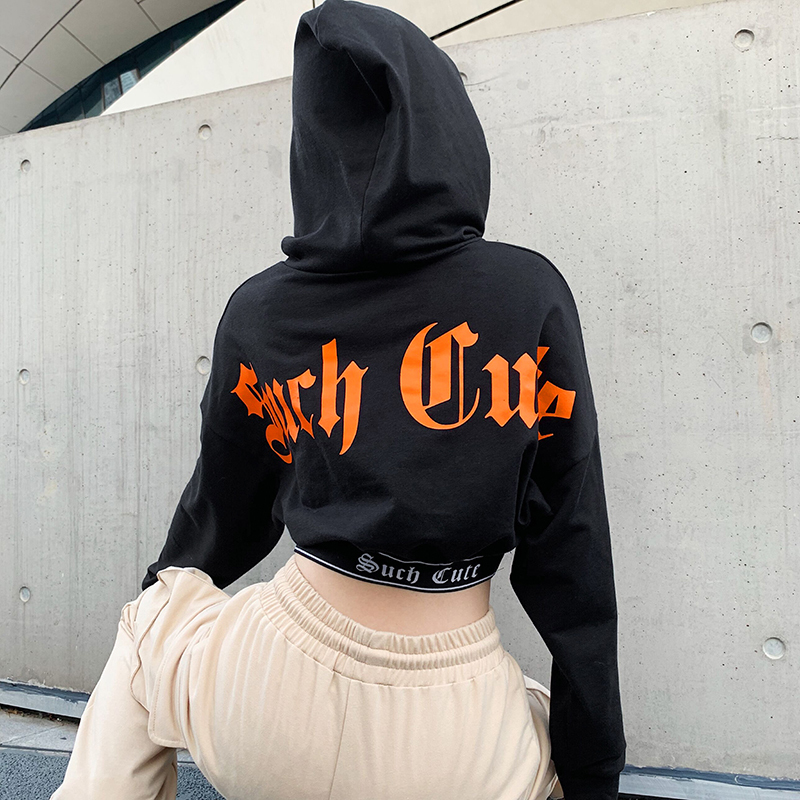Waatfaak Hoody Streetwear Sweatshirt Women Black Harajuku Hoodies Women Letter Print Casual Autumn Crop Sweat Femme Hip Hop Top CX200808