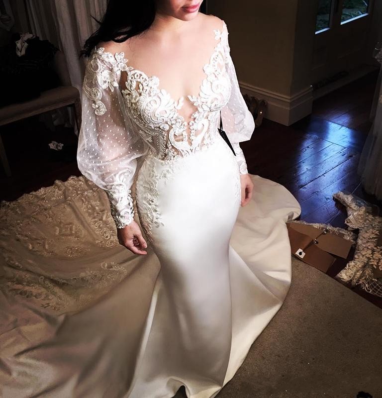 Long Mermaid Dresses Lace Appliques Jewel Neck Satin Sexy See Through Formal Bridal Gowns Wedding Dress Vestidos De Marriage 0914