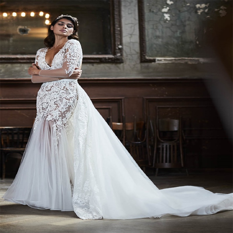 White Newest Sexy Bridal Gowns With Detachable Sweep Train deep V-neck Long Sleeves Full Lace Applique Mermaid Wedding Dresses