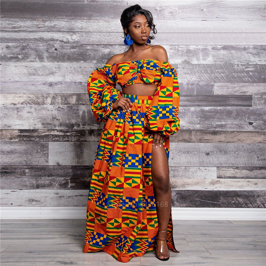 African Dresses for Women 2020 News Ladies Full Sleeve Shoulder Off Festher Dashiki Print Split Skirts Autumn Africna Clothes CX200813